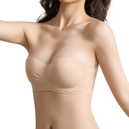 D.DUO Strapless Bras, Adhesive Push up Bras, Backless Bra, Wirefree Non-Slip Invisible Tube Top for Women (Beige, D)