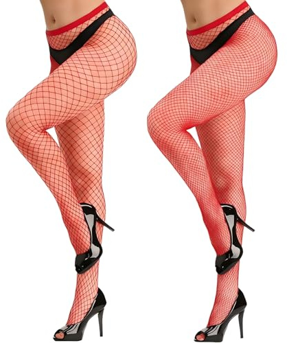 MOSIERRY Fishnet Tights Womens Red Fish Net Tights for Women Plus Size Elastic High Waist Fishnet Stockings for Women Sexy Large Fishnet Leggings Womens