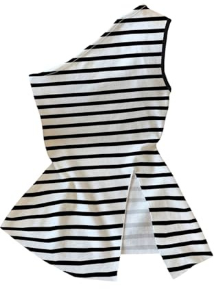 SweatyRocks Women's Striped One Shoulder Tops Asymmetrical Split Hem Summer Tank Top White Striped Small