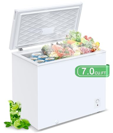 7.0 Cu.ft Chest Freezer, Top Open Door Deep Freezer with 7 Adjustable Thermostat (-18°F to 50°F), Compact Freezer with Removable Basket for Home/Garage/Office, White