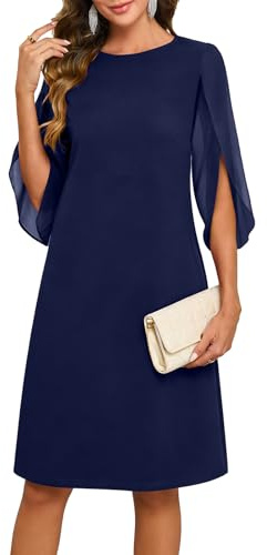 MISSJOY Women Flutter Chiffon Sleeve Crew Neck Midi Cocktail Dresses | A-Line, Loose Fit, 3/4 Sleeve, Knee Length, Semi-Formal, Flattering Dress to Hide Tummy, Wedding Guest Party Dresses, Church