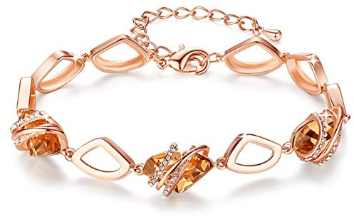 Leafael Wishstone Crystal Link Charm Bracelet, Birthstone Bracelets with Healing Crystals, Allergy-Free Jewellery for Women with Gift Box, Silver-Tone or Rose Gold Plated Bracelets for Women