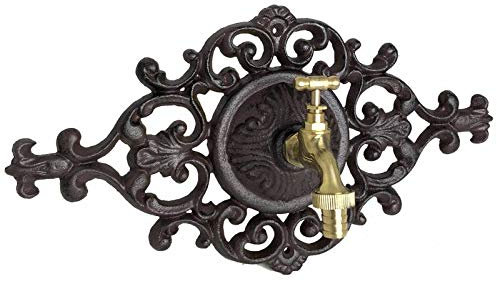 L'Héritier Du Temps Fontaine de Charme Murale Source en Fonte Patinée Marron Robinet Laiton Doré 10,5x19x35cm