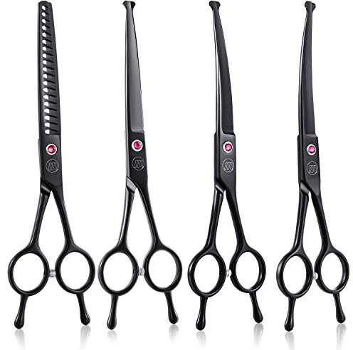 Moontay 7 Dog Grooming Scissors Set, Reversible Trimming Thinning Chunkers, Curved, Straight Cat Pet Grooming Shears with Safety Rounded Tip for Grooming Full Body (Chunker Set-Black-Rounded Tip)