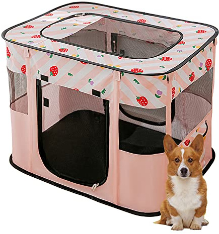 Foldable Pet Playpen Portable Kennel Cage for Puppy Dog Kitten Cat, Indoor/Outdoor Pop up Pet Tent Fence (M,Pink)