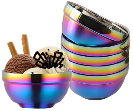 Ceiteo Rainbow Bowl Set of 6, 304 Stainless Steel Dinnerware Metal Double-walled Insulated Cereal Bowls for Eating Kitchen, Dishwasher Safe and Unbreakable
