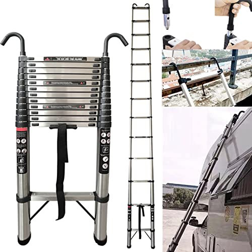 Scala telescopica estensibile da 5 metri, in acciaio inox, pieghevole, con ganci staccabili, regolazione dell'altezza, 12 gradini, capacità 150 kg