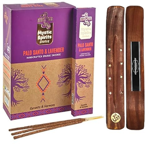 Aromasenses.- Incienso Palo Santo y Lavanda Natural Hecho a Mano Mystic Spirits - Caja Completa con 12 Cajetillas de 8 Varillas Cada una + 1 Tablilla Aromasenses (Palo Santo Y Lavanda)