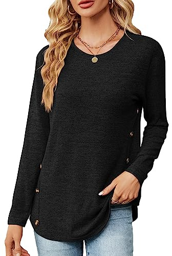 Décontracté Chemisier Femme, Ample Chemisier à Col Rond Tops, T-Shirt à Manches Longues pour Femmes, Couleur Unie Blouse Mode T-Shirt Chic et Élégant Tunique Tops avec Boutons décoratifs