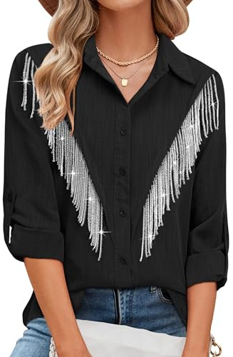 MYMORE Womens Rhinestone Fringe Button Down Shirt Rolled 3/4 Sleeve Sparkly Top Concert Nashville Western Cowgirl Outfit, A_Black, XXL
