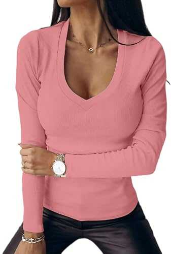 Chicrise Camiseta Lisas Mujer Punto Canale Top Manga Larga Cuello V Elegante Slim Fit Sexy Jersey Rosa Grande 42-44