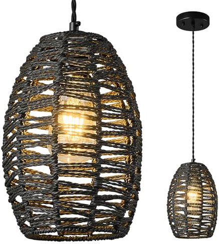 ZPBSJ Lustre en Rotin Noir Lampe à Suspension île de Cuisine Hauteur Réglable Bohème Lampe E27 Suspension Panier Style Ferme Salon Lampes(1-Paquet)