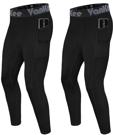 VanKee Pantalon Compression Hommes avec Poches Sport Running Leggings Séchage Rapide Transpiration baser Layer Leggings Basketball Football Yoga Gym