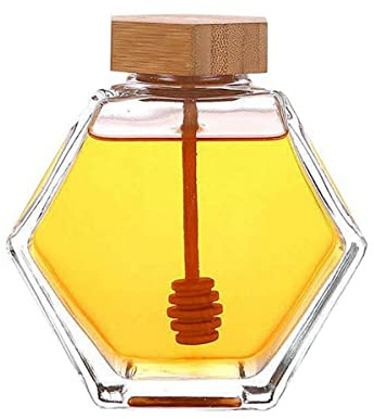 Barattoli per miele, dispenser per miele trasparente, vaso per miele in vetro a forma esagonale, vaso per miele con cucchiaio in legno, contenitore esagonale per miele (380 ml)
