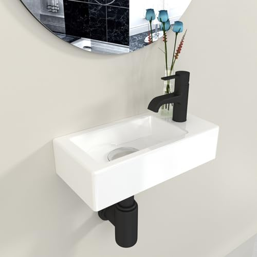 Plumbsys Lavabo Pequeño de Cerámica para Sobrepone o Suspender 36.5x18cm - Plato con Orificio para Grifo a la Derecha - Lavamanos Compacto para Baño, Aseo o Barco