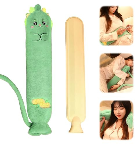 Zyiphor 1.5 Litri Borsa Acqua Calda Lunga 72x12 cm Gomma Boule Acqua Calda Peluche con Coperchio Per Collo E Spalle, Schiena, Gambe E Vita (Verde/Dinosauro)