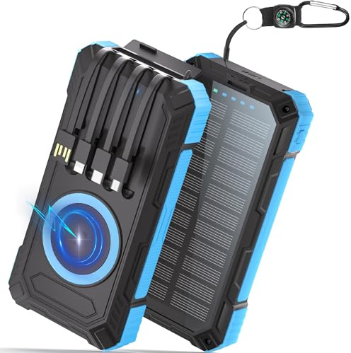 Power Bank Solare 56800mAh: 30W PD 3.0 A USB C Powerbank Ricarica Rapida con 4 Cavi, 6 Uscita & 4 Ingresso, 15W Ricarica Wireless, Spie luminose a LED, Torcia, Caricatore Portatile con Smartphones