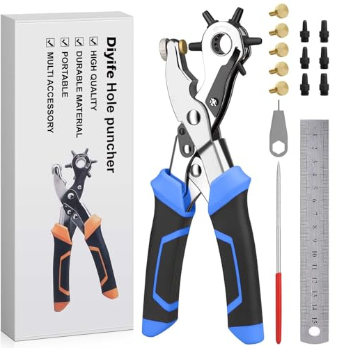 Diyife Lochzange für Leder, Gürtel Locher 6 Lochgrößen mit 6 Ersatzstempel & 5 Kupferpad, Hochleistungs Doppelhebel-Gürtellochzange, Belt Hole Puncher für DIY, Uhrengürtel, Kunstleder – Blau