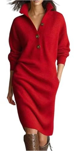 MJGkhiy Robe Femme Tricot Élégant Hiver Midi Robe Pull Laine Travaillé Bouton Col en V Robes Pulls avec Poches Curvy Casual Manches Longues Vêtements Pull