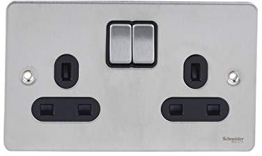 Schneider Electric Ultimate Flat Plate - Switched Double Power Socket, Double Pole, 13A, GU3220BSS, Stainless Steel with Black Insert, 2 Gangs