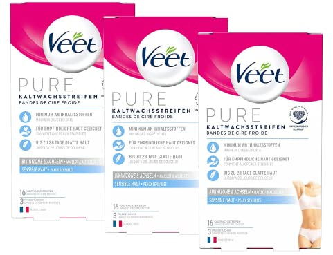 Strisce di cera fredda, confezione da 3 bikini e ascelle, per una facile depilazione, anche con capelli molto corti, bikini e ascelle, 3 x 16 pezzi