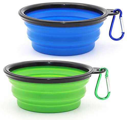 Dog Bowl Pet Collapsible Bowls, 2 Pack for Cats Dogs, Portable Pet Feeding Watering Dish for Walking Parking Traveling with 2 Carabiners (Small, Blue+Green)