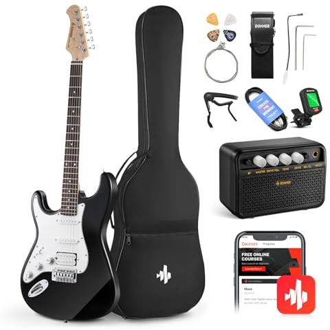 Donner Linkshänder E-Gitarre Set Anfänger Full-Size Schwarz 39 Zoll Lefty Starter Paket mit allem Zubehör Verstärker Kapodaster Gurt Saite Stimmgerät Kabel und Plektren DST-100BL