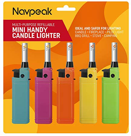 Navpeak Mini Candle Gas Lighter Multipurpose Utility Lighter with Extended Wand Handy Refillable for Kitchen Fireplace Pilot Light DIY BBQ Grill Stove 5 Pack(Butane Included)