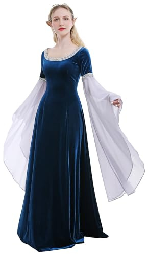 daizbella Medieval Renaissance Costume Dress Handmade Historical Retro Dress Velvet Gown with Chiffon Sleeves, Dark Blue, Medium