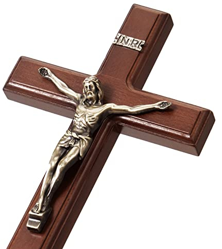 ARCHOBAN Crocifisso da parete, croce cattolica, 30,5 cm, in legno, decorazione da parete, marrone + ottone anticato