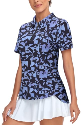 Tanst Sky Women's Golf Apparel Polo Shirts Short Sleeve Quarter Zip Pullover Moisture Wicking Workout Tops, Geometry Black, XXL