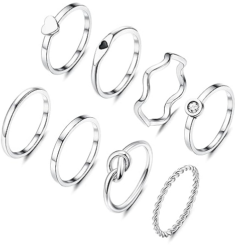 KALVICA 8 Pezzi 2mm Anelli Set Argento/Oro per Donna Acciaio Inossidabile Pianura Sottili Nodo Cuore Twist Anello Set Minimalista Impilabile Anello Nocche