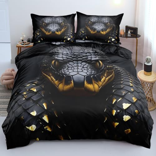 CCoutueChen Black Snake Bedding Set Full Size Teens Gold Metallic Texture Snake Scales Duvet Cover for Kids Adult 3Piece Python Reptile Soft Bed Set with Zipper Closure 4 Corner Ties