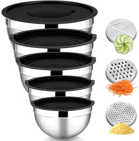 HaWare Rührschüssel 5er Set, Edelstahl Schüssel Salatschüssel Set mit Luftdichtem Deckel & 3 Reibenaufsätzen zum Kochen Backen, 4,6L/2,8L/1,6L/1,2L/0,7L, Stapelbar & Spülmaschinenfest, Schwarz