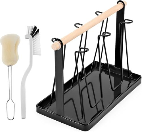 MINISOISO Scolabottiglie da Cucina, Portabottiglie con 6 Bottiglie,Stendibottiglie con Vaschetta Raccogligocce,Porta Tazze Scolabottiglie e Portabicchieri per Bottiglia di Soda e Vetro,Nero