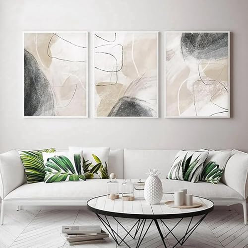 YLHKME Tableau Abstrait Géométrique Beige Gris Lignes Impression sur Toile Affiche Toile Tableau Decoration Murale Salon,Pour Chambre Cuisine Bureau, Deco Maison (Sans Cadre,3X50X70CM)