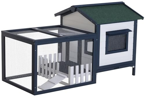 PawHut Conigliera da Esterno e Interno, Gabbia per Conigli con Tetto Impermeabile, Casetta e Area per Movimento, Conigliera in Legno di Abete, 151x78x84.5 cm, Verde e Bianco
