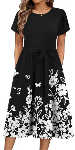 Zeagoo Abiti Estivi da Donna Scollo Rotondo Elegante Manica Corta Vita Alta Midi Abiti Casual Floreale Abiti con Tasche FloralG XXL