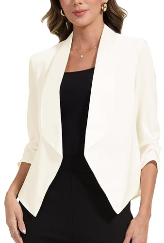 MISS MOLY Completo Blazer da Donna 3/4 Maniche Arricciate Giacche Business Casual Lavoro Ufficio Aperto Davanti Vestibilità Slim Foderata Giacca Blazer Cardigan per Signore Primavera, Beige, M