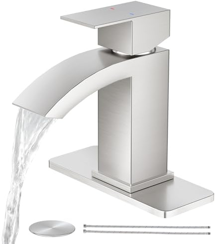 CREA Waterfall Bathroom Faucet 1 Hole Single Handle Brushed Nickel Stainless Steel Modern Basin Mixer Tap 3 Hole Deck Plate RV Vanity(Pop Up Drain/cUPC Supply Line)