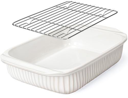 Artena Baking Dish 5.1 Quarts, Casserole Dishes For Oven, Baking Pan With Handles, Lasagna Pan Deep, Large Casserole Dish, Rectangular White Ceramic Bakeware (Baking Dish With Rack)