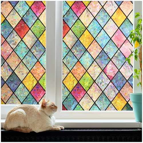 rabbitgoo Stained Glass Window Film Privacy Film for Glass Windows Static Cling, Rainbow Stickers UV Glare Blocking, Decorative Coverings Decals Lattice for Home, Multicolor, 75x200 cm