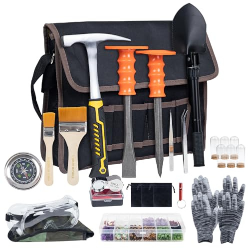 DigNew Geology Rock Pick Hammer Kit – 25PCS Rock Hammer Kit, Complete Geology Kit with Chisels,Folding Shovel, Safety Gear,Gold Panning Kit Accessories, Rock Hounding Equipment for Outdoor Exploration