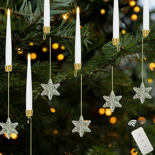6 Pack Christmas Tree Candle Lights with Remote Timer, LED Taper Candles Battery Operated Flameless Candle with Remote Timer Hooks and Crystal Decoration for Home Party Xmas Trees Décor (Snowflake)