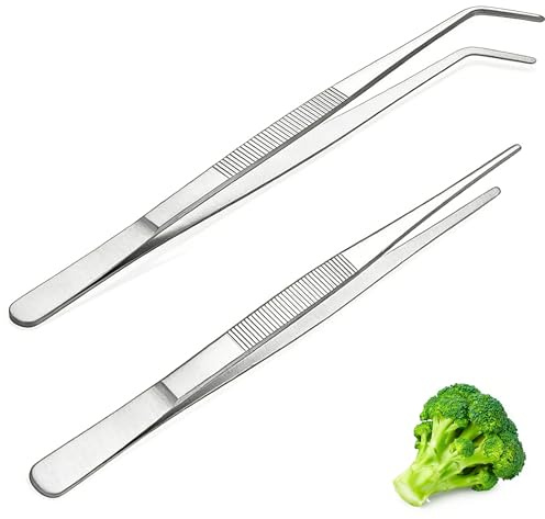 VLUNT Kitchen Tweezers Tongs 2pcs, 30cm Extra-Long Stainless Steel Cooking Tweezers, Heavy Duty Chef Tweezers Set with Straight & Curved Tips for BBQ, Grill, Pasta, Salad, Serving & Kitchen Cooking