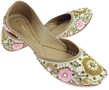 Fulkari Women's Bergenia Beige Gold Genuine Soft Leather Embroidered Jutis | Bite and Pinch Free Jutti | Punjabi Formal Juttis | Girl's Wedding Flat Ladies Mojari | Formal Ethnic Juti |38