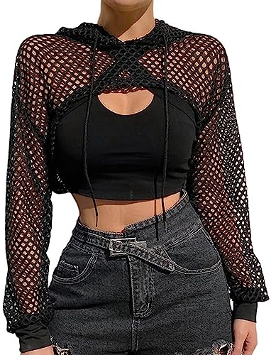 XINCHIA Haut court sexy en maille ajourée pour femme - Haut court transparent à manches longues - Haut à capuche sexy pour femme, Noir , S-M