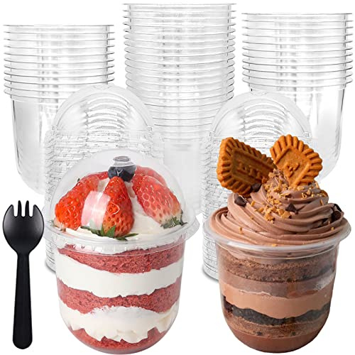 50 Pack 12OZ Clear Plastic Cups with Dome Lids and Sporks No Hole Disposable Fruit Cups for Dessert,Cupcake,Parfait,Pudding,Iced Cold Drinks,Snacks,Fruits,Bakeries,Ice Cream