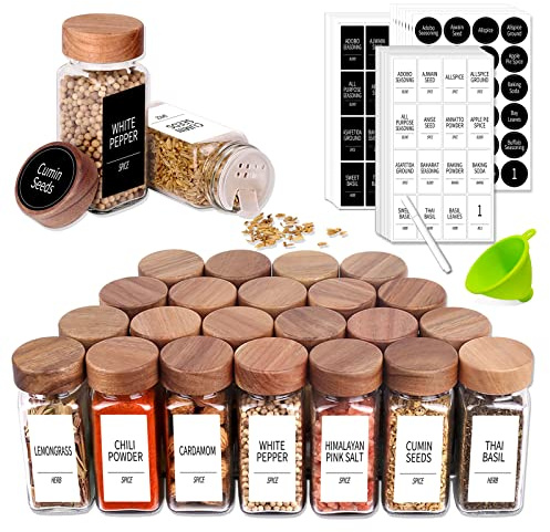 Churboro 24 Spice Jars with 547 Labels - Glass Spice Jars with Shaker Lids - 4 Oz Square Spice Containers with Acacia Wood Lids, Chalk Pen, Funnel- Seasoning Jars for Spice Rack, Cabinet, or Drawer