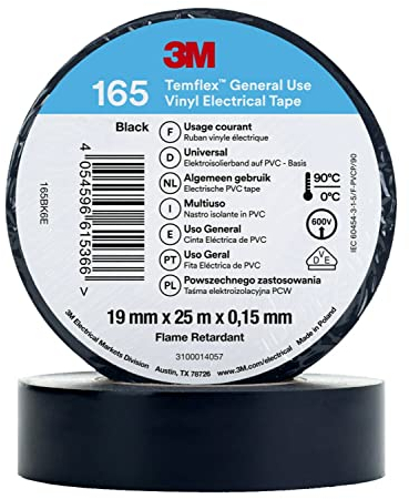 3M Temflex Vinyl Electrical Tape 165, Black, 19 mm x 25 m, 10 Roll Pack